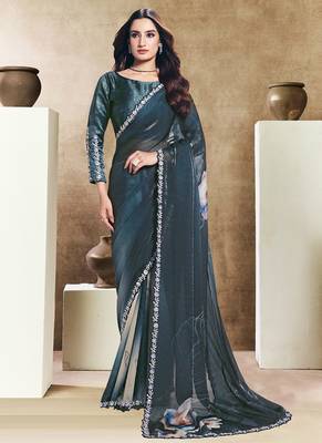 steel blue two tone satin embroidery stone handwork digital print saree 1
