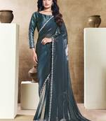 steel blue two tone satin embroidery stone handwork digital print saree
