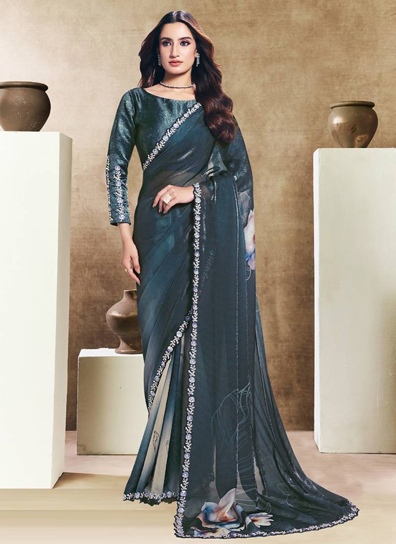 steel blue two tone satin embroidery stone handwork digital print saree