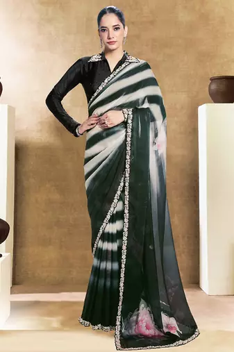 black two tone satin embroidery stone handwork digital shaded print saree
