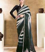 black two tone satin embroidery stone handwork digital shaded print saree