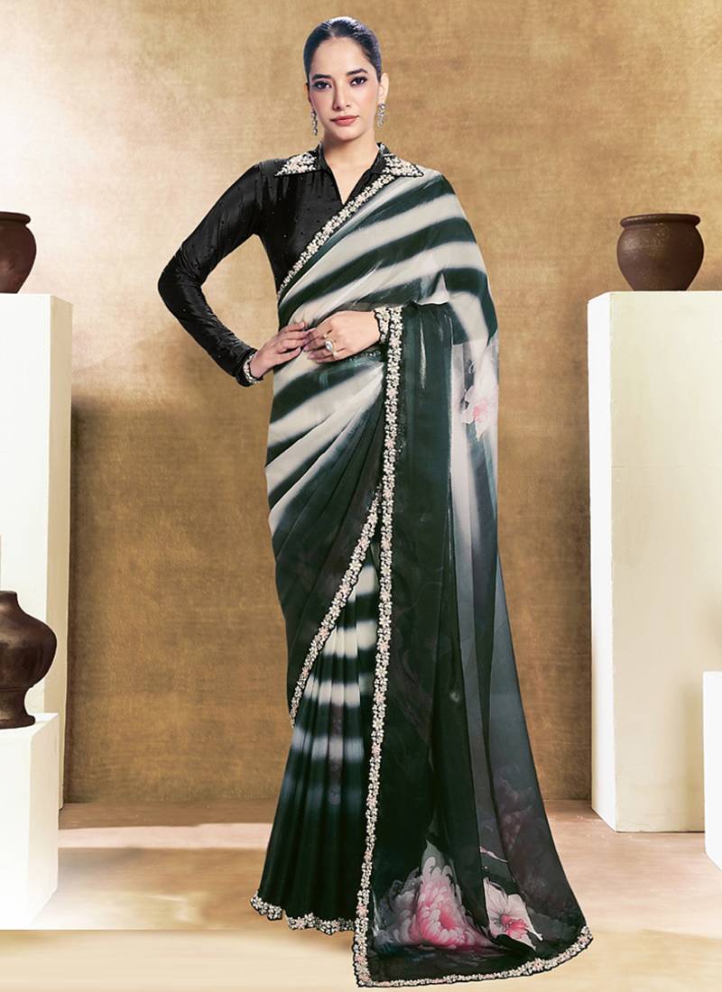 black two tone satin embroidery stone handwork digital shaded print saree