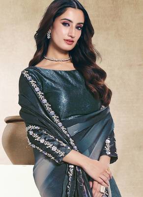 steel blue two tone satin embroidery stone handwork digital print saree 2