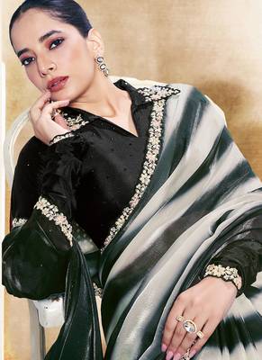 black two tone satin embroidery stone handwork digital shaded print saree 2