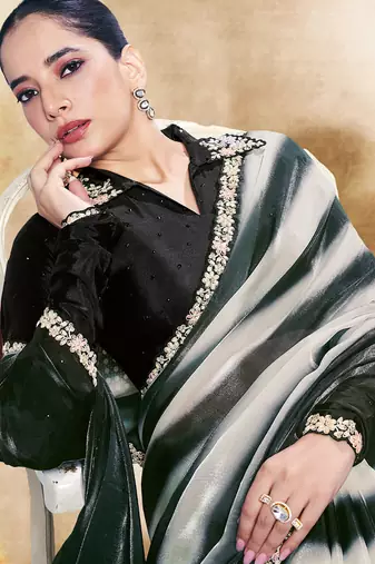 black two tone satin embroidery stone handwork digital shaded print saree