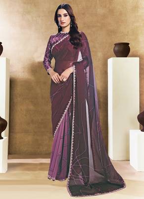 wine two tone satin sequins embroidery stone handwork digital print saree 1
