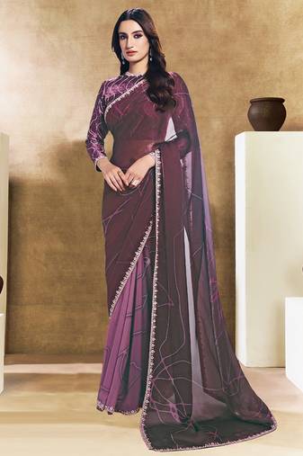 wine two tone satin sequins embroidery stone handwork digital print saree
