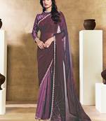 wine two tone satin sequins embroidery stone handwork digital print saree