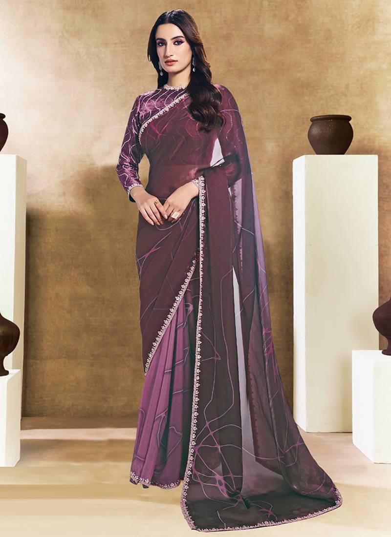 wine two tone satin sequins embroidery stone handwork digital print saree