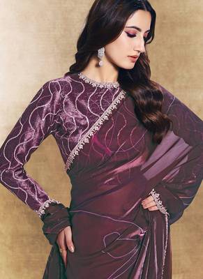 wine two tone satin sequins embroidery stone handwork digital print saree 2