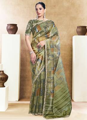 olive two tone paper embroidery stone handwork digital traditional print saree 1