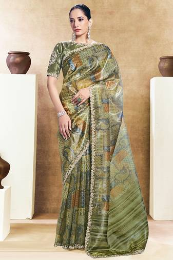 olive two tone paper embroidery stone handwork digital traditional print saree