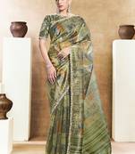 olive two tone paper embroidery stone handwork digital traditional print saree