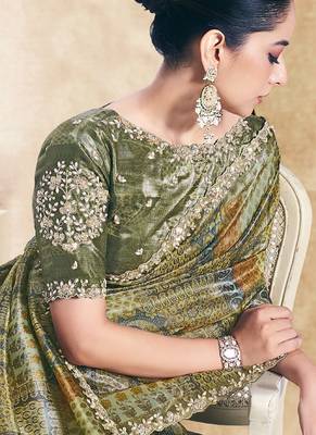 olive two tone paper embroidery stone handwork digital traditional print saree 2
