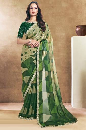 green two tone satin sequins embroidery stone handwork digital print saree