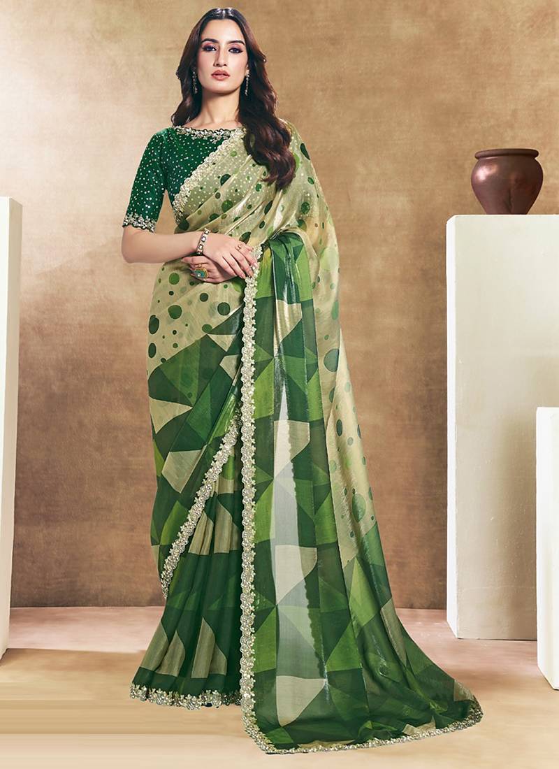 green two tone satin sequins embroidery stone handwork digital print saree