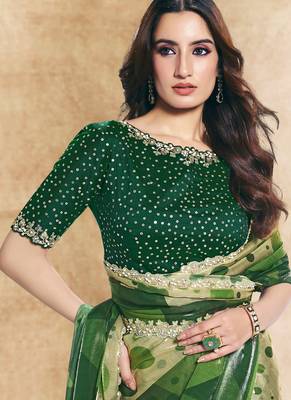 green two tone satin sequins embroidery stone handwork digital print saree 2