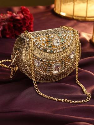 jharokha yellow & emerald green kundan embellished metal clutch 1