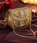 jharokha yellow & emerald green kundan embellished metal clutch
