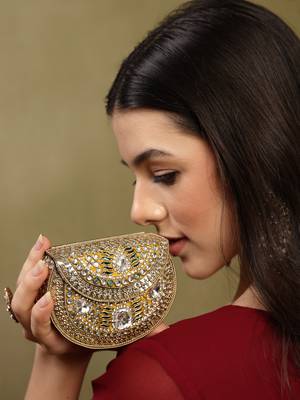 jharokha yellow & emerald green kundan embellished metal clutch 2