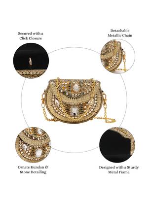 jharokha yellow & emerald green kundan embellished metal clutch 3