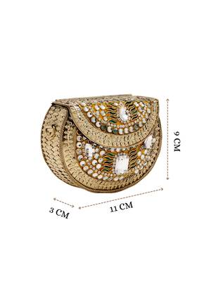 jharokha yellow & emerald green kundan embellished metal clutch 4