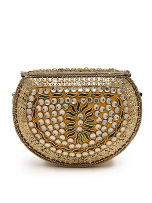 jharokha yellow & emerald green kundan embellished metal clutch 5