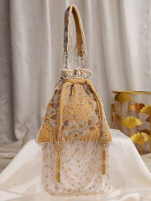 dewdrop fringe beige & multi floral embellished suede potli 1