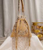 dewdrop fringe beige & multi floral embellished suede potli