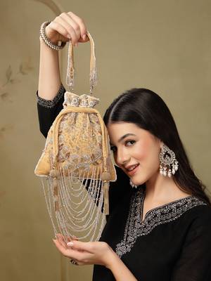 dewdrop fringe beige & multi floral embellished suede potli 2