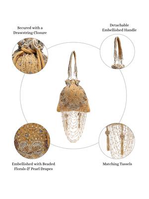 dewdrop fringe beige & multi floral embellished suede potli 3