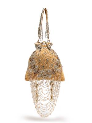 dewdrop fringe beige & multi floral embellished suede potli 5