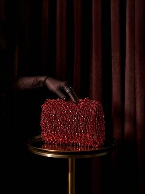 crystal cascade wine red crystal fringe embellished suede clutch 1