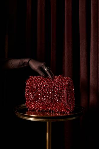 crystal cascade wine red crystal fringe embellished suede clutch