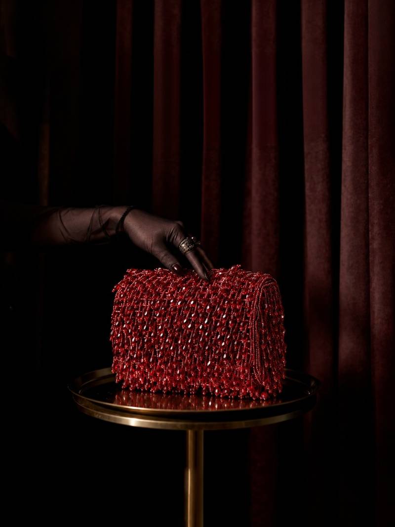 crystal cascade wine red crystal fringe embellished suede clutch