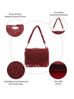 crystal cascade wine red crystal fringe embellished suede clutch 3
