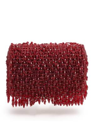 crystal cascade wine red crystal fringe embellished suede clutch 5
