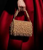 crystal cascade beige & gold crystal fringe embellished suede clutch