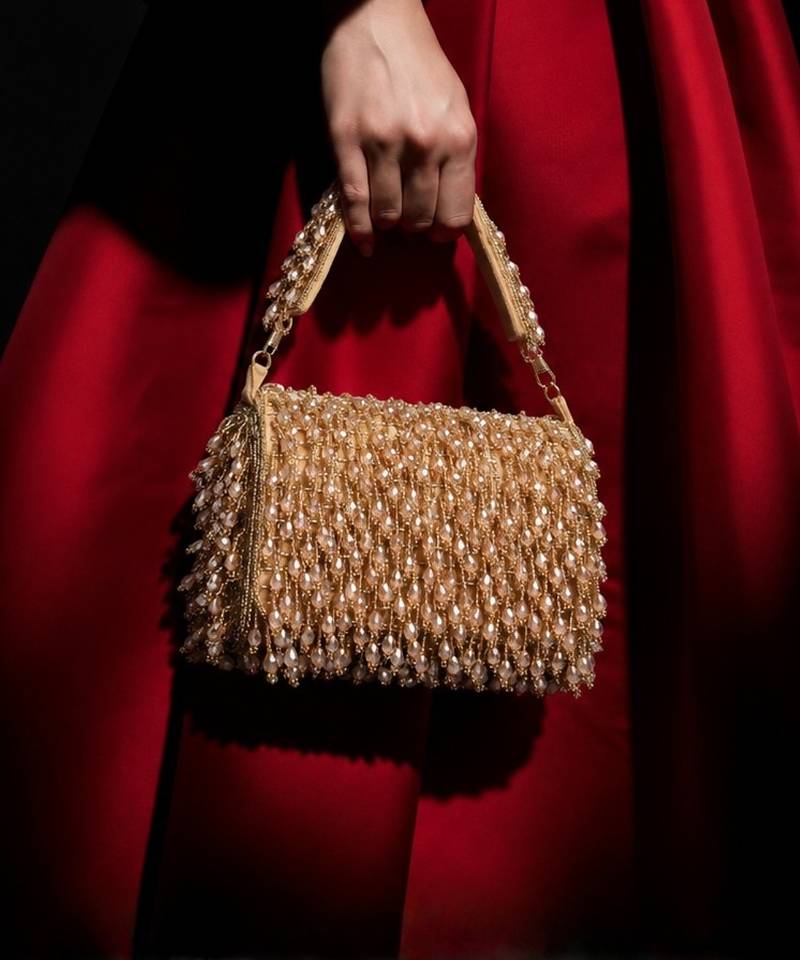 crystal cascade beige & gold crystal fringe embellished suede clutch