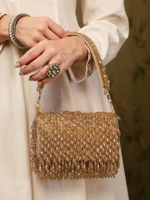 crystal cascade beige & gold crystal fringe embellished suede clutch 2