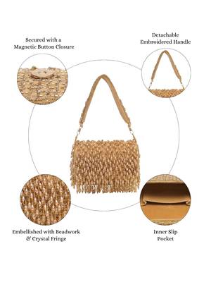 crystal cascade beige & gold crystal fringe embellished suede clutch 3