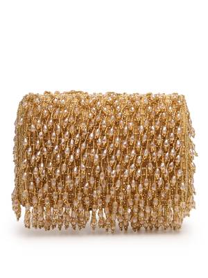 crystal cascade beige & gold crystal fringe embellished suede clutch 5
