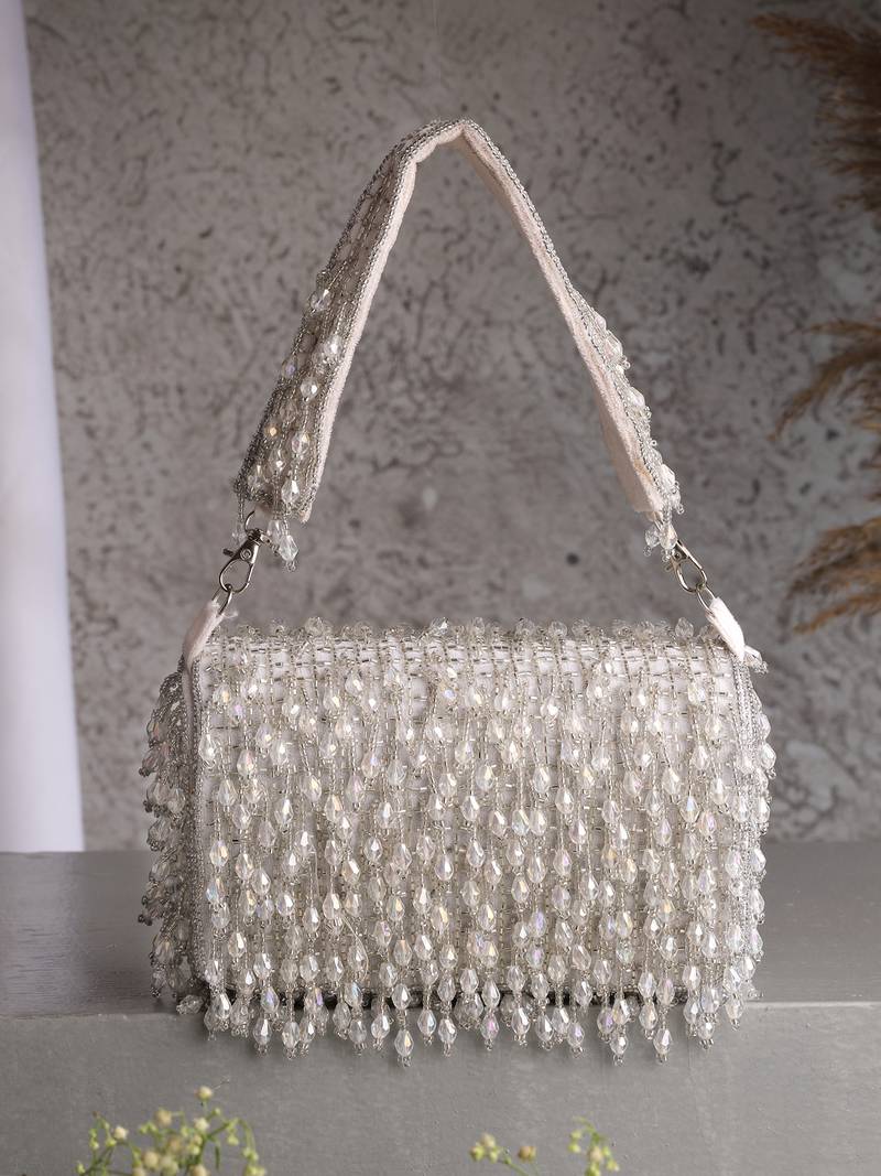 crystal cascade white & silver crystal fringe embellished suede clutch