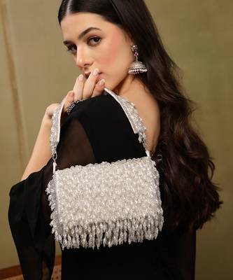 crystal cascade white & silver crystal fringe embellished suede clutch 2