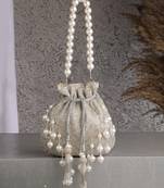 dewdrop fringe silver & ivory embellished faux silk potli