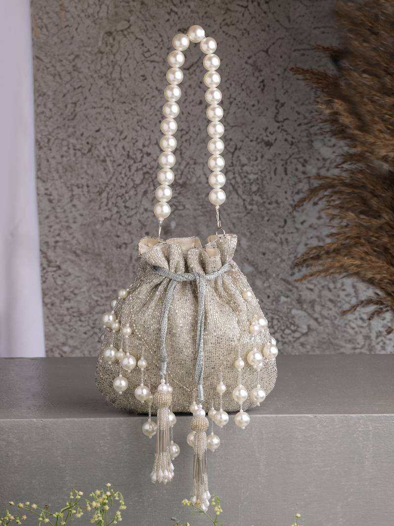 dewdrop fringe silver & ivory embellished faux silk potli