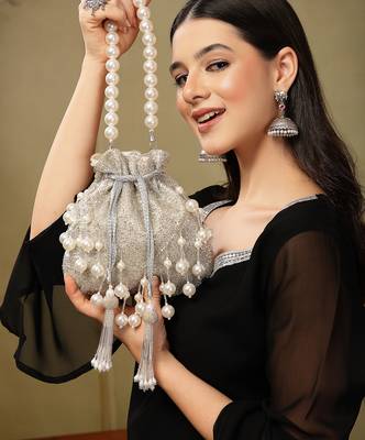 dewdrop fringe silver & ivory embellished faux silk potli 2