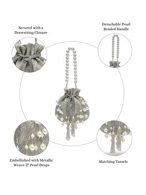 dewdrop fringe silver & ivory embellished faux silk potli 3