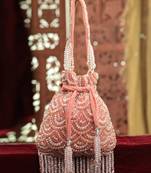 crystal cascade coral pink & gold scalloped embellsihed velvet potli