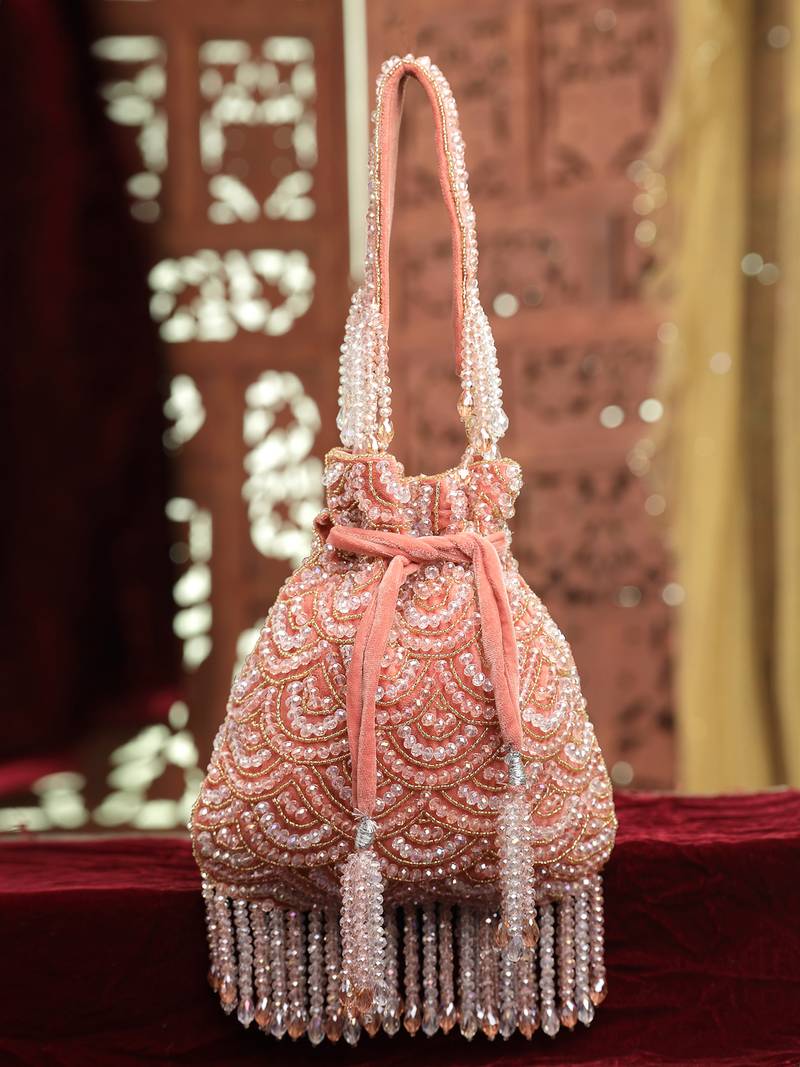crystal cascade coral pink & gold scalloped embellsihed velvet potli